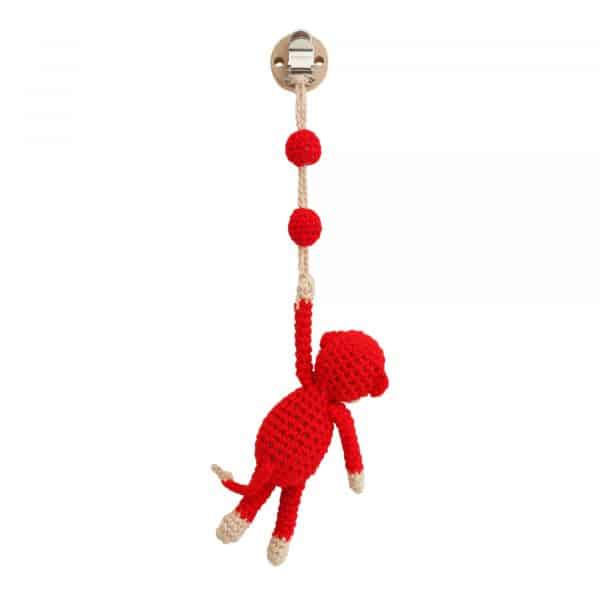 Gehäkelter Spielbogenanhänger Affe CHARLIE in Rot - von hinten