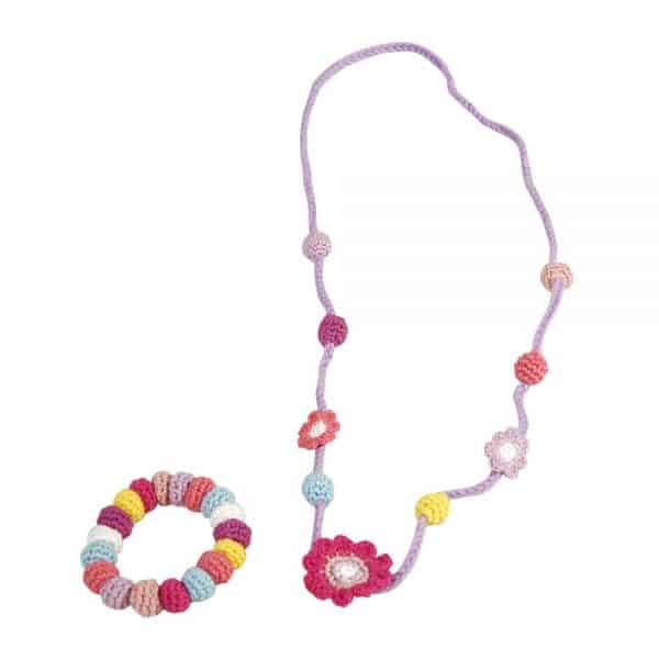 Halskettchen mit Blumen und Perlen (korallfarben) gehäkelt mit Kette