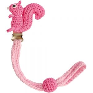 Gehäkelter Schnullerhalter (rosa) mit Eichhörnchen & Silikonring