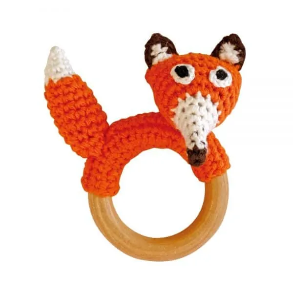 Fuchs-Rassel auf Greifring aus Holz (Orange) Gehäkeltes Greifspielzeug