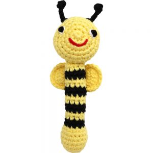 Gehäkelte Baby-Stabrassel (gelb) mit Bienen-Motiv