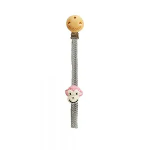 Gehäkelter Affen-Schnullerhalter (rosa) mit Holz-Clip