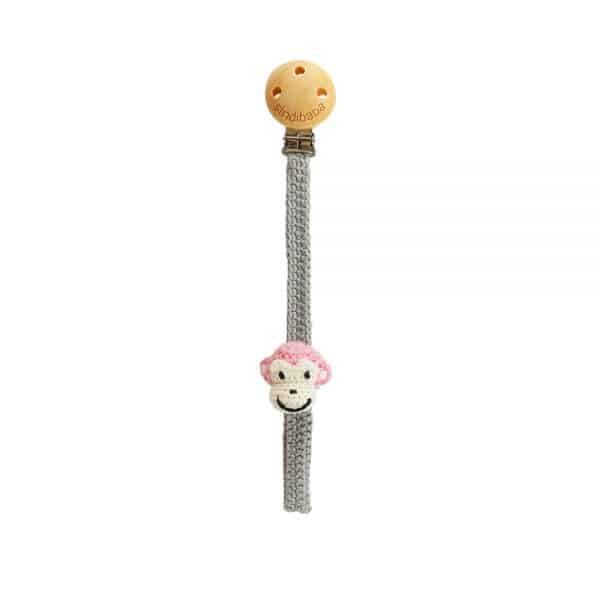 Gehäkelter Affen-Schnullerhalter (rosa) mit Holz-Clip