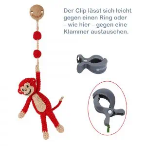 Gehäkelter Spielbogenanhänger Affe CHARLIE in Rot