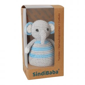 Gehäkeltes Stehaufmännchen Elefant JUMBO in Blau - in Geschenkverpackung
