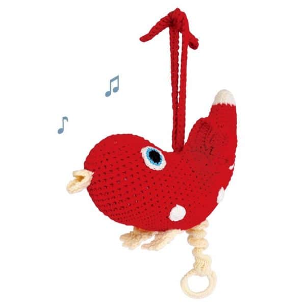 Häkel-Spieluhr-Vogel (Rot) Aufziehschnur versteckt