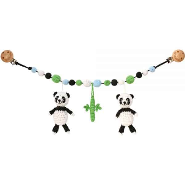 Gehäkelte Kinderwagenkette mit 2 Pandas und Bambus