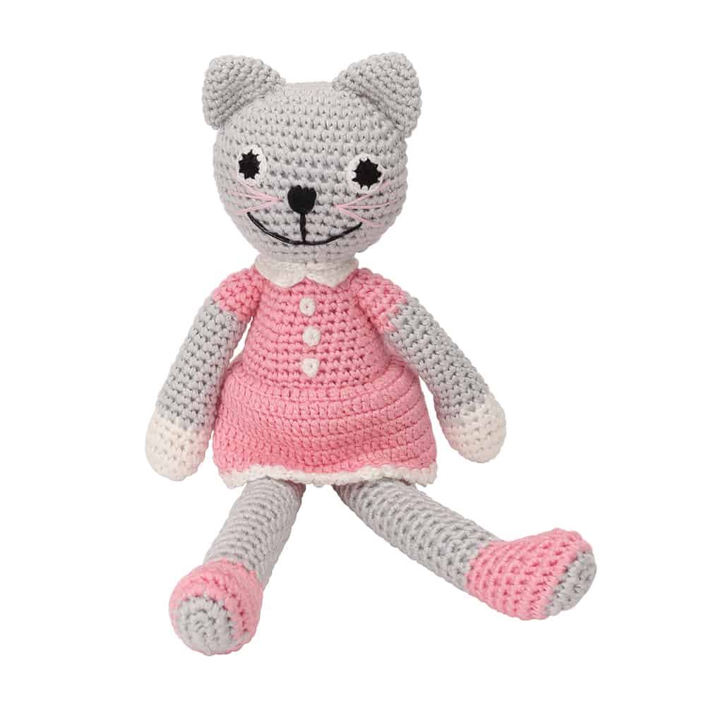 Crocheted KATZE KITTY -cuddly toy (grey-rose) with rattle - SindiBaba®