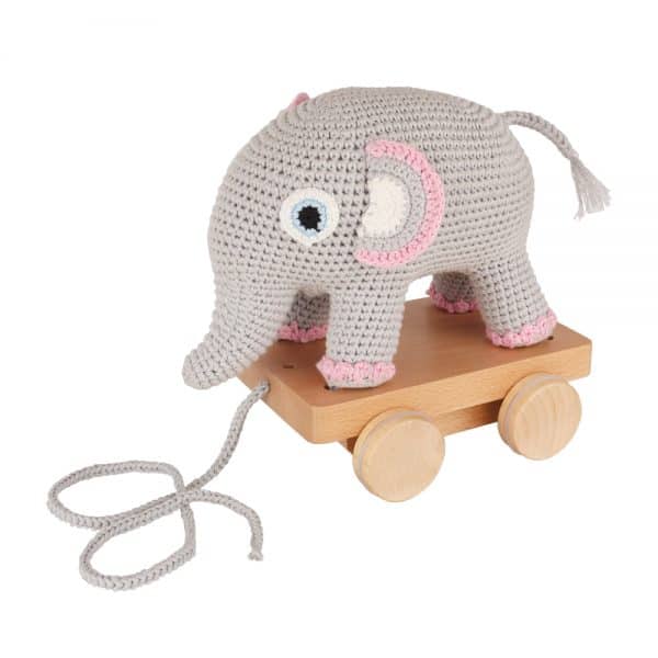 Elefant JUMBA auf Rädern (rosa, gehäkelt, mit Rassel)