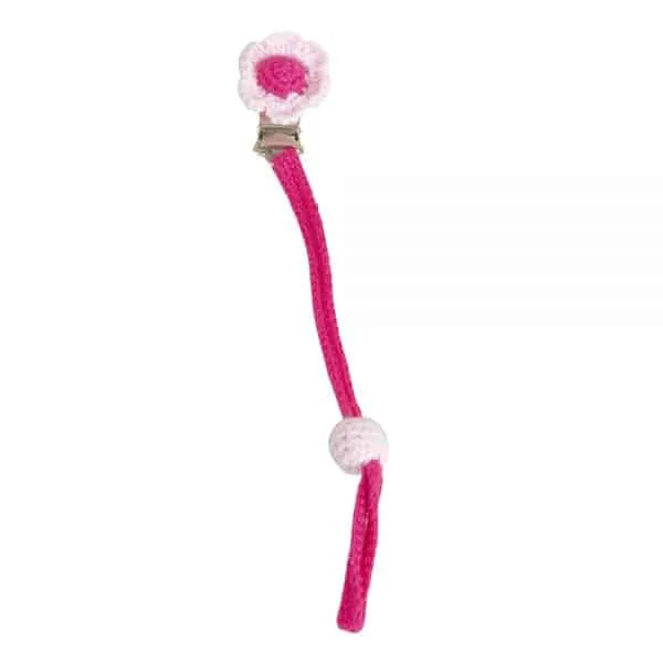Crocheted pacifier band with flower in pink