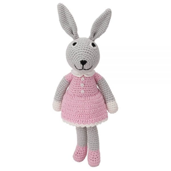 Gehäkeltes Hasen-Kuscheltier mit Rassel (rosa)