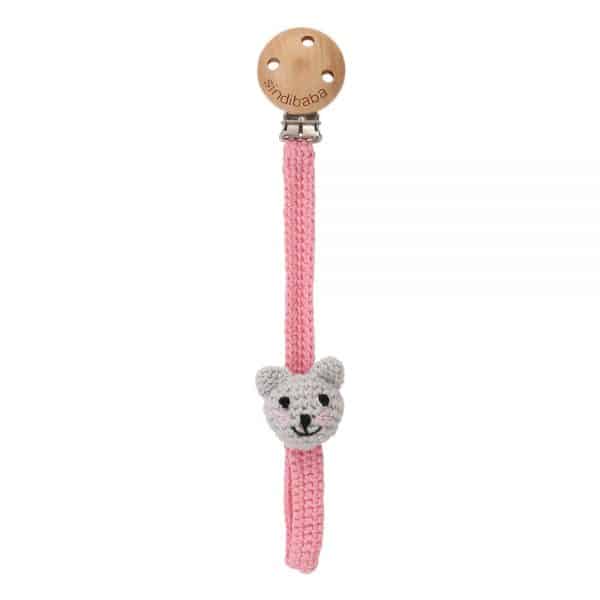Gehäkelter Schnullerhalter mit Katze KITTY (grau-rosa)