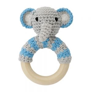 Häkel-Elefant (blau) mit Rassel auf Greifring aus Holz
