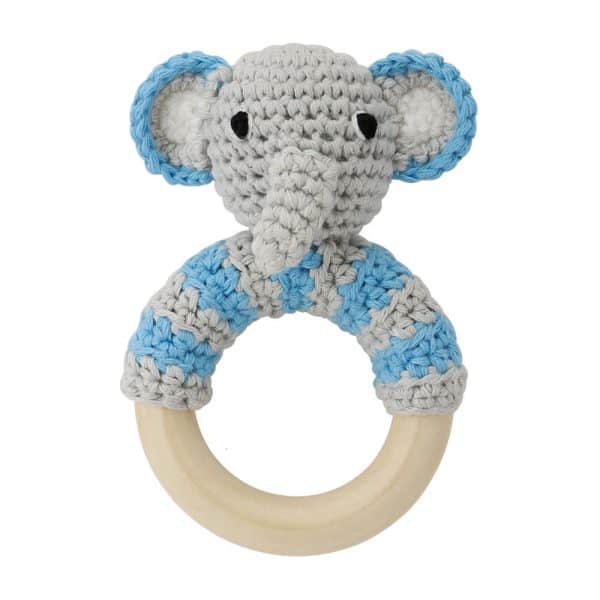 Häkel-Elefant (blau) mit Rassel auf Greifring aus Holz