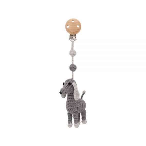 Gehäkelter Schnullerhalter mit Hund LUCKY (grau)