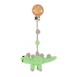 Gehäkelter Kinderwagen-Anhänger mit Dinosaurier DINO (grün)