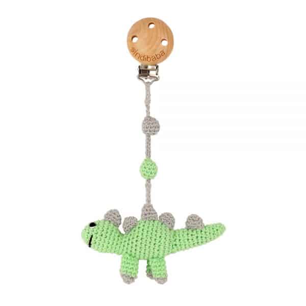 Gehäkelter Kinderwagen-Anhänger mit Dinosaurier DINO (grün)