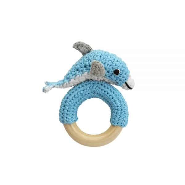 Gehäkelte Kinderwagenkette mit Delfinen & Ball (blau, Rasselgeräusch)