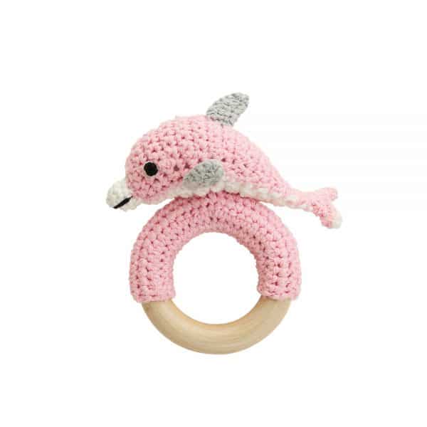 Gehäkelte Kinderwagenkette mit Delfinen & Ball (blau, Rasselgeräusch)