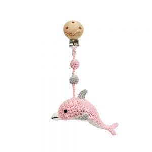 Gehäkelte Kinderwagenkette mit Delfinen & Ball (blau, Rasselgeräusch)