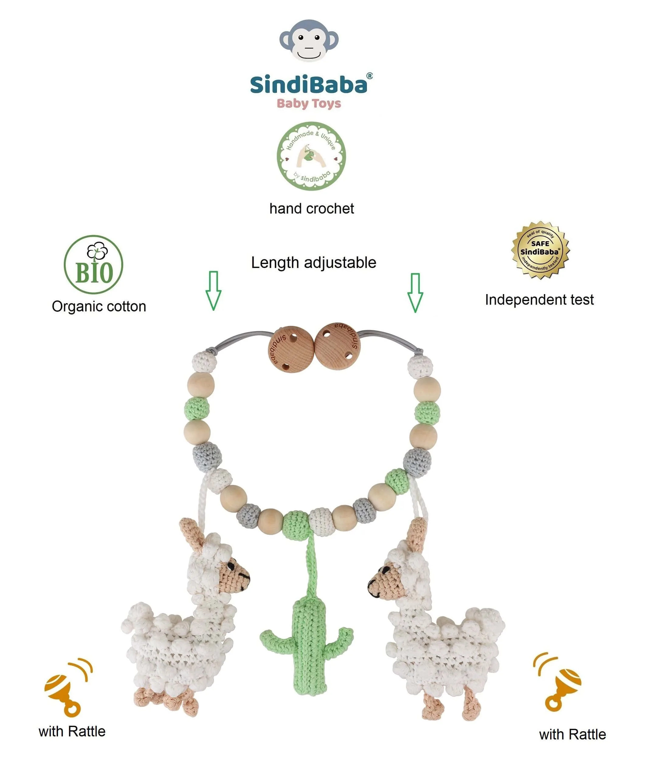 Gehäkelte Kinderwagenkette Lama LUKE Bio - Infografik