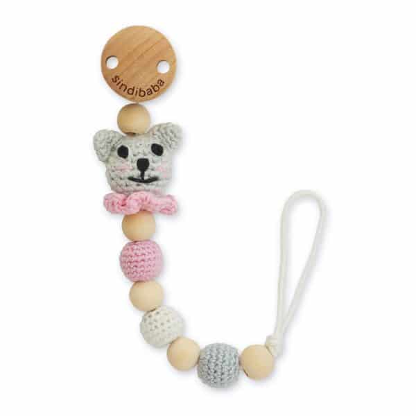Gehäkelte Schnullerkette mit Namen - Katze KITTY in Rosa