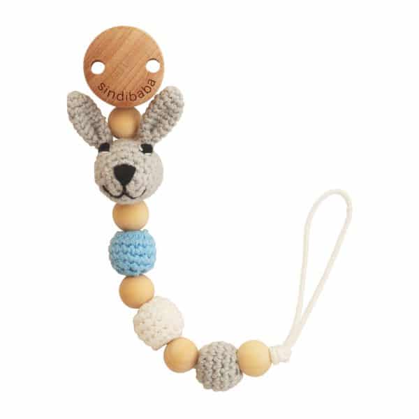 Gehäkelte Schnullerkette mit Namen - Hase BOBBY in Blau - Vorderseite