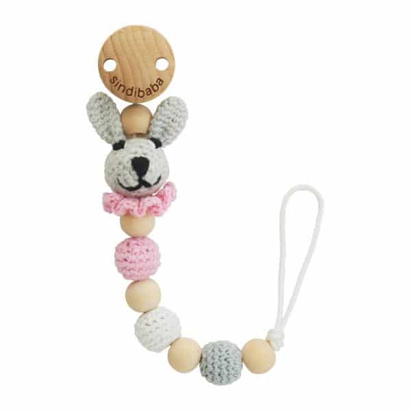 Gehäkelte Schnullerkette mit Namen - Hase BOBBY in Rosa