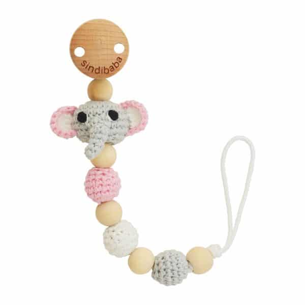 Gehäkelte Schnullerkette mit Namen - Elefant JUMBO in Rosa