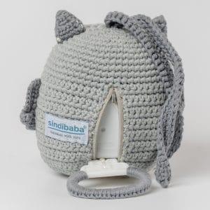 Gehäkelte Spieluhr Eule LUNA in Grau - geöffneter Reißverschluss