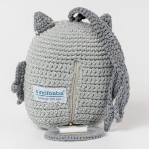 Gehäkelte Spieluhr Eule LUNA in Grau - von hinten