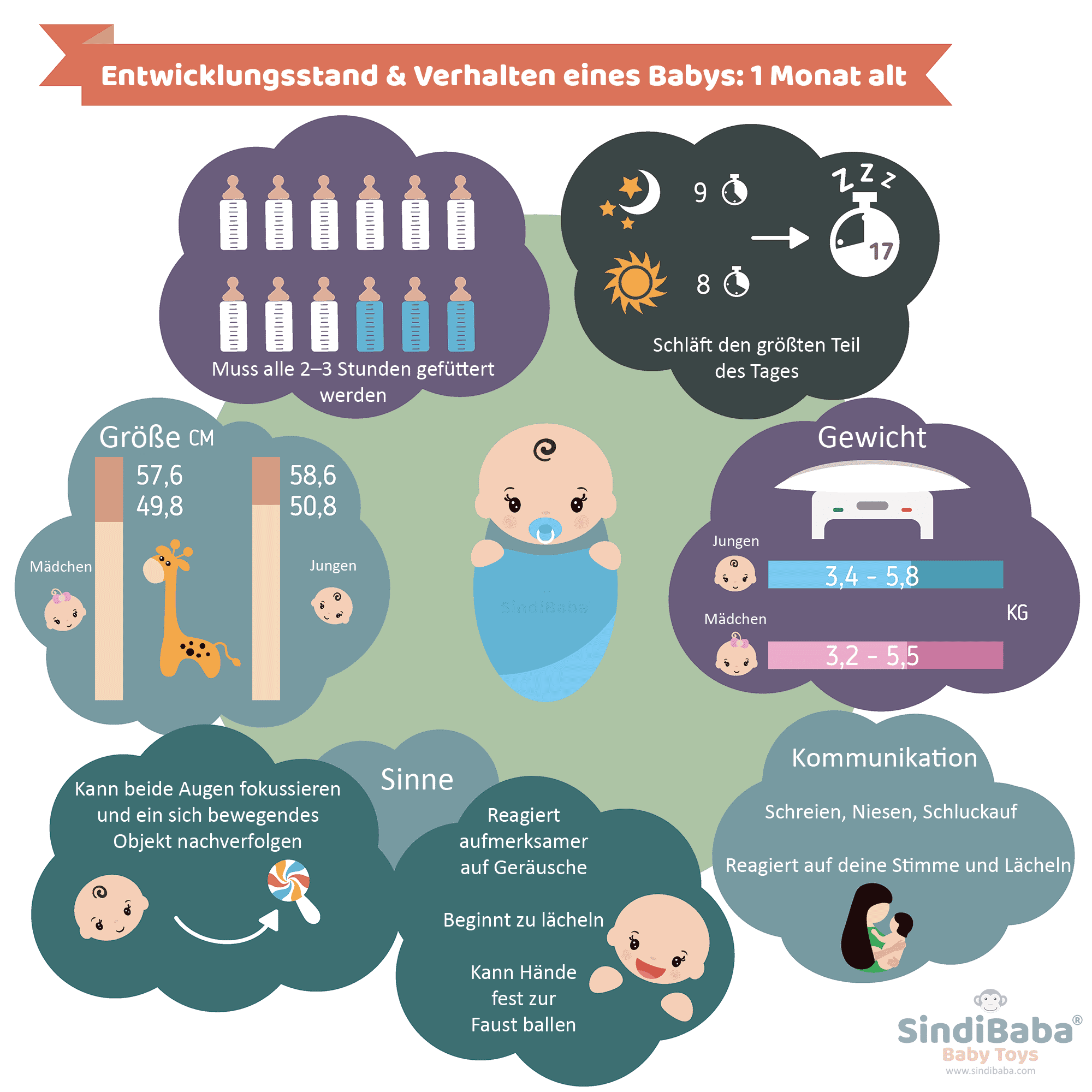 Infografik - Entwicklungsstand & Verhalten eines neugeborenen Babys - 1 Monat alt