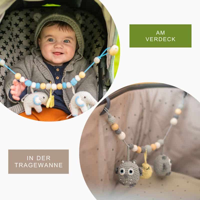 Kinderwagenketten vielseitig einsetzbar - am Verdeck + in der Tragewanne