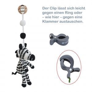 Gehäkelter Spielbogen-Anhänger Zebra STRIPEY Bio - seitlich