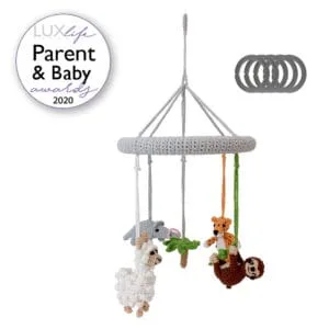 Gehäkeltes 4in1 Baby-Mobile SÜDAMERIKA - mit 2020 Awards-Logo XL
